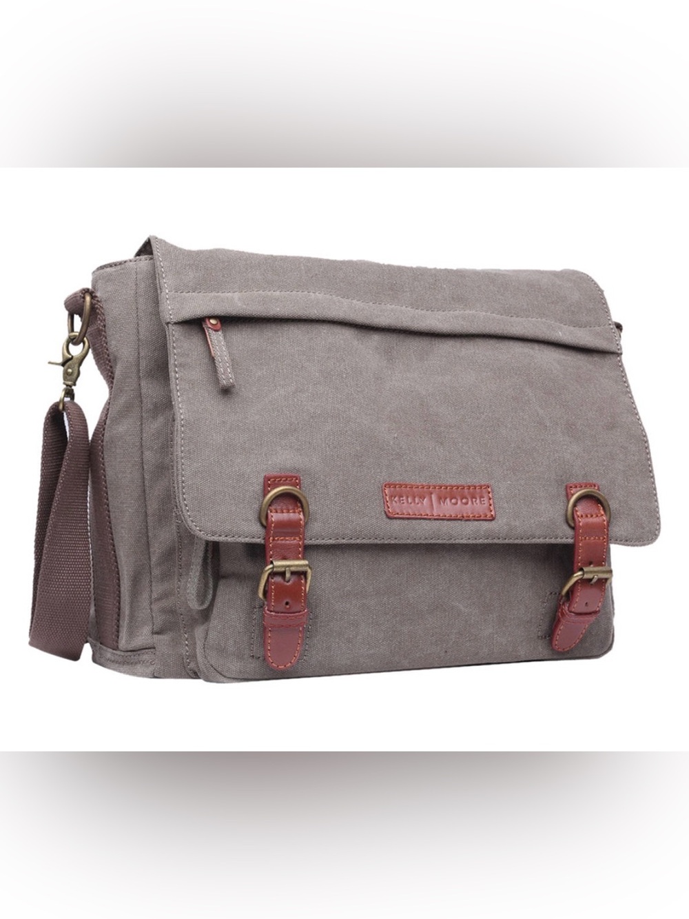 Kelly Moore Gray Canvas Messenger Bag with Brown Leather Accents